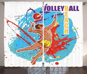 Штора в деревенском стиле ABAKUHAUS, небесно-голубая с красным, Мяч на пляже, для спальни, с присборенной лентой, петлями и крючками, 280 x 175 см, небесно-голубая с красным Abakuhaus