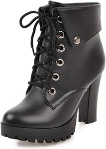 Женские ботильоны VOKLIN с круглым носком на платформе, стильные с высокой массивной шпилькой, шнуровкой и молнией, Black-Velvet Lined