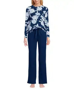 Женский трикотажный пижамный комплект из двух предметов: топ с длинным рукавом и брюки Lands' End, синий