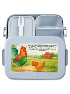 Mr. & Mrs. Panda Дизайн бенто-бокса: петух, кукуруза, надпись, пастельно-голубой цвет