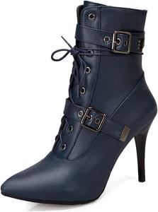 Женские модные ботильоны VOKLIN с пряжкой, на высоком каблуке-шпильке, с заостренным носком, на шнуровке и молнии, стильные короткие ботинки, Navy Blue-Velvet Lined