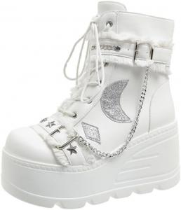 Милые женские боевые ботинки эмо на платформе, массивные, в стиле гранж, гот, рейв, панк, с танкеткой, высокие каблуки с цепочками, звездами, луной, противоскользящие, мода Y2K, стритвир, для вечеринок, весна, лето, осень, на улице LokoLucx, White