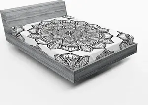 Простыня на резинке ABAKUHAUS Мандала, монохромный рисунок с абстрактным цветочным круглым символом, 140 x 200 см, цвет: антрацитовый, серый, белый Abakuhaus