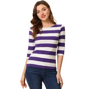 Женские повседневные футболки с рукавами до локтя, облегающие топы с вырезом лодочкой ALLEGRA K, цвет Purple White