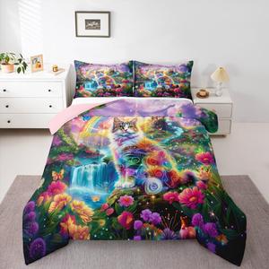 Erosebridal Детский комплект постельного белья Rainbow Cat с милыми котиками и фантазийными узорами, Pink Purple Green