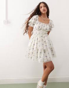 Корсетное мини-платье Miss Selfridge с синим обоями и цветочным принтом