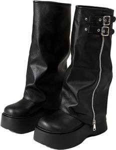 Женские высокие ботинки до колена с широким голенищем, отворотом, квадратным носком, массивным каблуком, низким каблуком, пряжкой, удобные, на каждый день, средние мотоботинки Generic, Black