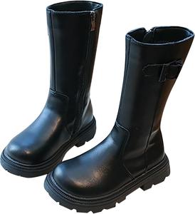 Детские сапоги до колена для девочек, сапоги средней длины, верховые сапоги, искусственная кожа, молния, панк/гот стиль, осень-зима, с бантом, боевые сапоги, маленькие и большие размеры Generic, A05 Black