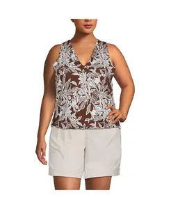 Легкий трикотажный топ-блузон большого размера с V-образным вырезом Lands' End, коричневый