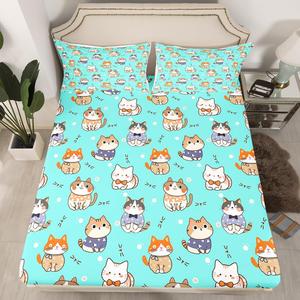 Erosebridal Детский комплект постельного белья с милыми котятами, синий, дышащий материал, глубокий карман, Aqua Marine Purple