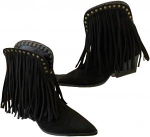 Женские вестерн-ботинки ZQW широкого размера с заостренным носком, бахромой и заклепками, средний каблук-блок, ботинки до щиколотки для ежедневной носки, Black