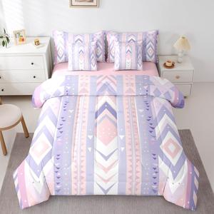 Erosebridal Комплект постельного белья Purple Elegant Stripes с геометрическим принтом и водяными треугольниками в современном абстрактном стиле, Purple Pink White