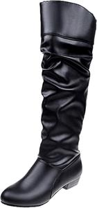 Женские сапоги ZHOUYF до колена, модные, из искусственной кожи, с низким каблуком, средней длины, повседневные, на молнии, зимние высокие сапоги для женщин, 9.5-10 Black