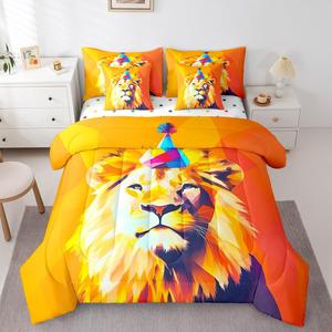 Erosebridal Комплект постельного белья 7Pcs Lion с яркими праздничными колпачками и дизайном животных в желтом цвете, Yellow Orange