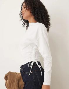 Топ с длинными рукавами, завязками по бокам и сборками ASOS DESIGN цвета кокосового молока