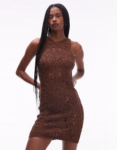Мини-платье премиум-класса, связанное крючком, шоколадного цвета Topshop