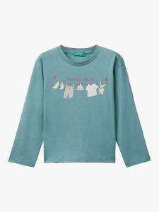 Детская хлопковая футболка с длинным рукавом и принтом Benetton, Green