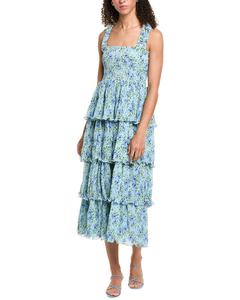 GANNI Плиссированное платье миди из жоржета с воланами и сборками, синий