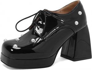 Женские туфли с платформой и массивным каблуком Alyaafifa, ботильоны на высоком каблуке с шнуровкой, закрытые туфли с квадратным носком, удобные туфли для вечеринок, свадеб, мероприятий, клуба и выпускного, Patent Leather - Black