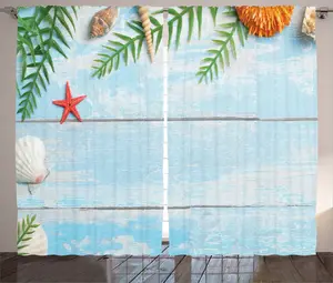 Штора ABAKUHAUS Тропический деревенский, Рыбы, ракушки, морской, универсальная тесьма для гостиной с петлями и крючками, 280 x 245 см, бледно-голубой, зеленый, желтый Abakuhaus