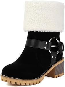Зимние женские снежные ботинки с утеплителем, массивным каблуком, на щиколотку, с пряжкой и меховой подкладкой, без шнуровки, короткие уличные ботинки Generic, Black