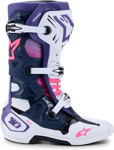 Мотоциклетные ботинки Alpinestars Tech 10, высокоэффективные ботинки для мотокросса, сертифицированы CE, размер 8, белый/фиолетовый/темно-синий/розовый флуоресцентный., White/Violet/Navy Blue/Pink Fluo