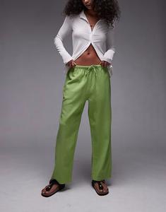 Льняные брюки средней посадки Topshop неудобной длины зеленого цвета