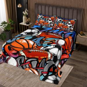 Erosebridal Комплект постельного белья Graffiti Sports с футбольной и баскетбольной тематикой для детей, Orange Bue