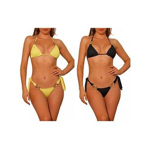 2 комплекта женского бикини с цепочками и фактурной отделкой, треугольный низ с завязками по бокам Inspire Chic, Black Yellow