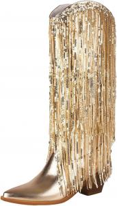 Женские сапоги до колена с бахромой и пайетками, на широкую голень, на массивном среднем каблуке, вестерн стиль, с заостренным носком, сексуальная обувь Generic, Gold
