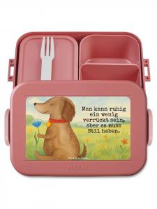 Mr. & Mrs. Panda Дизайн ланчбокса с изображением собаки и цветами, надпись пастельно-красного цвета