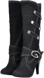 Женские джинсовые сапоги Uniquelly до колена на шпильке, высокая пятка, средняя голень, без застежки, с круглым носком, классические ретро зимние ботинки, Black