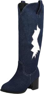 Уникальные женские джинсовые ботфорты до колена, вестерн-стиль, ковбойские сапоги, широкий голенище, массивный каблук, круглый носок, натягивающиеся, винтажные ковбойские сапоги Uniquelly, Dark Blue