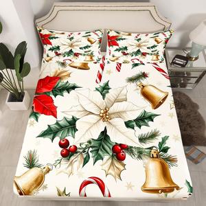 Erosebridal Комплект постельного белья с новогодним принтом из цветов пуансеттии и конфет, Red Green Gold