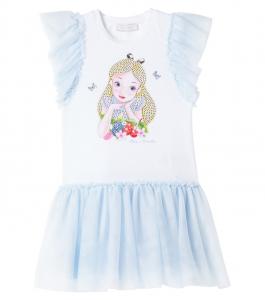 Платье из хлопкового трикотажа и тюля Monnalisa, Bianco+Nuvola