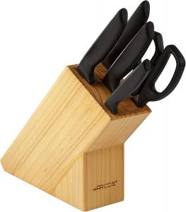 Arcos набор кухонных ножей, 5 предметов (4 ножа + 1 ножницы), лезвие Nitrum из нержавеющей стали, рукоять полипропилен, деревянная подставка, черный