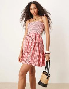 Пляжное мини-платье Iisla & Bird в складку красного цвета в клетку