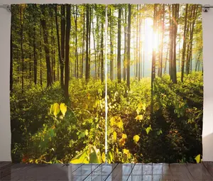 Штора ABAKUHAUS Forest Rustic, фото с изображением солнечных лучей и листвы деревьев, присборенная ленточная штора для спальни с петлями и крючками, 280 x 225 см, цвет: светло-желтый, темно-каштановый, лаймово-зеленый Abakuhaus