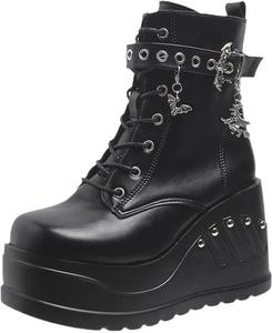 Женские ботильоны на платформе GUNIYIFS, готические боевые ботинки, ботильоны на танкетке с массивным каблуком, украшенные заклепками, с пряжкой, шнуровкой и округлым носком, G-Black