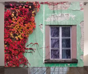 Шторы ABAKUHAUS в осеннем деревенском стиле, Падающий плющ на старом доме, универсальные ленточные шторы для гостиной с петлями и крючками, 280 x 225 см, мятно-зеленый, красный Abakuhaus