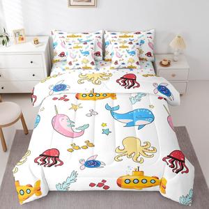 Erosebridal Детский комплект постельного белья Cartoon Ocean Animal King с морскими животными китами осьминогами черепахами в синей морской тематике, Blue Pink Yellow