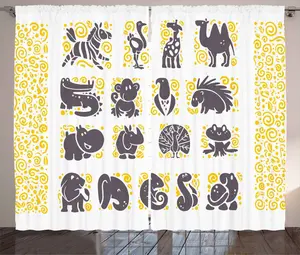 Штора ABAKUHAUS Rustic Ostrich, серый анималистичный принт, для спальни, с присборенной лентой, петлями и крючками, 280 x 245 см, земляно-желтый баклажановый Abakuhaus