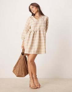 Гламурное мини-платье с V-образным вырезом в клетку кремового цвета Glamorous