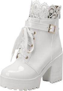 Женские ботильоны Parisuit с массивной платформой, высокие каблуки, шнуровка, с милой кружевной задней молнией, Patent White