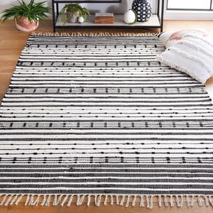 Ковер SAFAVIEH, 183 x 183 см, Striped Kilim Collection, Black & Ivory, плоское плетение, бохо с бахромой, хлопок, простой уход, идеален для помещений с высокой проходимостью в гостиной, спальне (STK205Z)