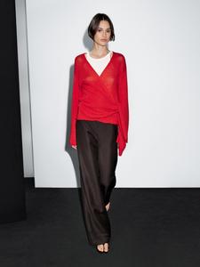 Вязаный кардиган с поясом Massimo Dutti, красный