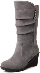 Женские модные сапоги VOKLIN на среднем каблуке, с мягкой складкой до середины голени, из замши, с круглым носком, широкой платформой, высоким каблуком и бахромой, Gray Grey-Velvet Lined