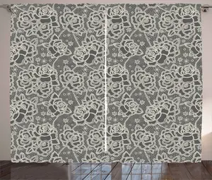 Винтажная штора ABAKUHAUS в деревенском стиле, романтические мотивы роз, универсальные ленточные шторы для гостиной с петлями и крючками, 280 x 245 см, цвет: темно-серо-кремовый Abakuhaus