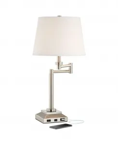 Настольная лампа Camber Modern, высота 74 см, матовая сталь, USB-порт и розетка переменного тока в основании, поворотный кронштейн, льняной абажур, для спальни и гостиной 360 Lighting, серебряный