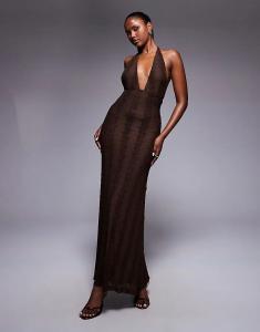 Длинное платье Princess Polly Zoi с кружевом и глубоким вырезом, коричневое